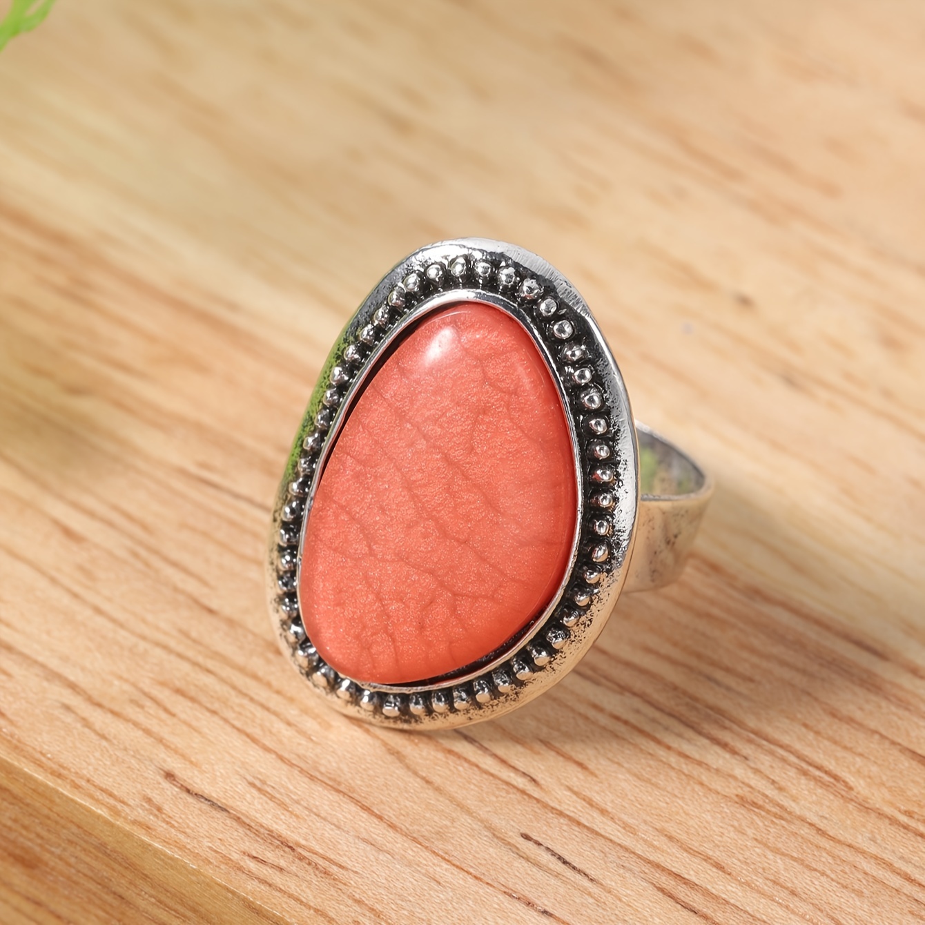 Boho Adjustable Orange Resin Ring Vintage Silvery Stainless Steel